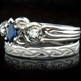 Four band puzzle ring with center sapphire, accent diamonds, and Celtic knot wedding ring
