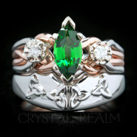 Tsavorite garnet and diamond engagement puzzle ring and Celtic trinity knot shadow band
