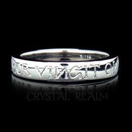 Tapered wedding band with hand engraved amor vincit omnia, Latin for love conquers all